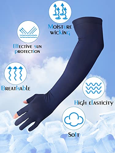 Bencailor 2 Pairs Sun Arm Sleeves for Men Women with 2 Finger Holes Anti Slip Long Cooling Arm UV Protective Sleeves - color: Black, Navy