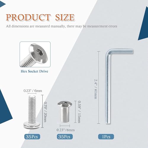 35 Pair(70 Piece) M6x20mm Hex Drive Socket Cap Bolt, Silver | Allen Wrench Included, Countersunk Screw Barrel Nuts, Binding Screws, For Crib Replacement Belt Cabinet - color: Silver, size: M6x20mm (30 Pair)