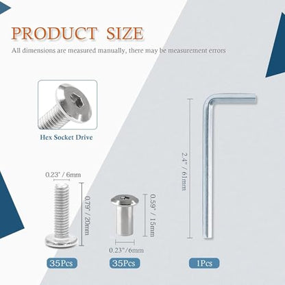 35 Pair(70 Piece) M6x20mm Hex Drive Socket Cap Bolt, Silver | Allen Wrench Included, Countersunk Screw Barrel Nuts, Binding Screws, For Crib Replacement Belt Cabinet - color: Silver, size: M6x20mm (30 Pair)