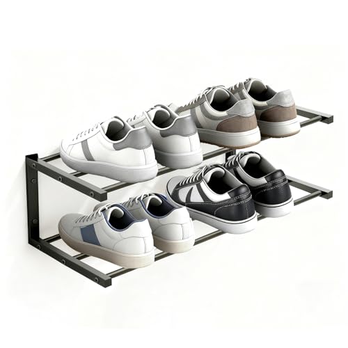 Wall Mounted Shoe Organizer 1 Pack, 25.9 Inch Wall Mounted Shoe Rack Holds 6 Pairs, Space Saving Metal Wall Shoe Rack for Small Space, Entryway
