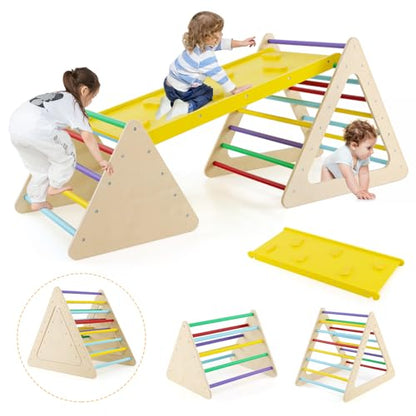 HONEY JOY Pikler Triangle Set, 5 in 1 Montessori Wooden Triangle Climber w/ 2 Stackable Ladders & Climbing Ramp, 3-Piece Baby Indoor Playground Jungle Gym, Climbing Toy for Toddlers, Colorful - style: 5 In 1 Yellow