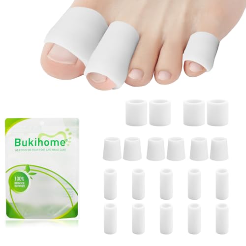Bukihome Toe Protectors, Toe Tube Pads for Pain Relief with 20 Pack | Silicone Gel Toe Sleeves for Hammer Toes, Corns, Calluses, Blisters, Multi-Size(White) - color: White, size: Multi-Size（20 Counts）