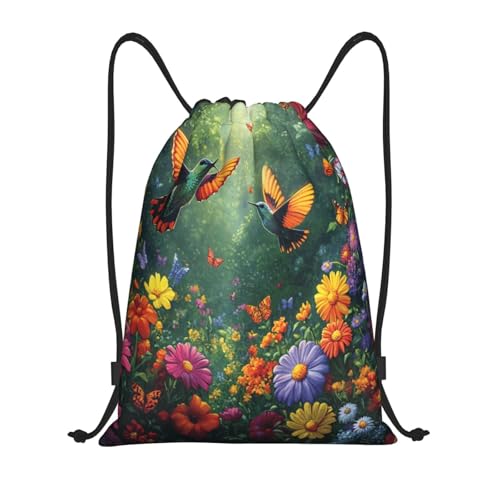 Drawstring Sports Backpacks - Lightweight Swim Gym Bags for Women Men String Sackpack for Beach Travel Yoga(Small, Garden Flowers Hummingbird) - color: Garden Flowers Hummingbird, size: Small