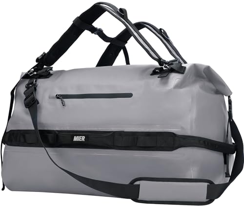MIER Large Waterproof Duffel Bag - 60L/80L Dry Bag Backpack | Detachable Backpack Straps; Multi-Pockets; Roll-Top with Hook-and-Loop Closure; Motorcycle, Kayaking, Gym, Beach, Boating - color: Gray, size: 60L