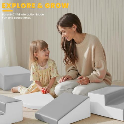 Hoohtoot Soft Foam Climbing Blocks for Toddlers: 6-Piece PU Leather Play Set - Kids Climbing and Crawling Toys - Indoor Baby Play Structure - Fun Learning Gym - style: Grey/White