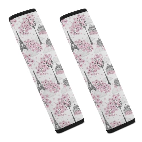 2 Piece Paris Parisian Eiffel Tower Pink Cherry Flowers France Seat Belt Shoulder Pad Universal Soft And Comfortable Automotive Seat Belt Protector for Elderly Support, Most Cars, Comfortable Driving - color: Pattern 173