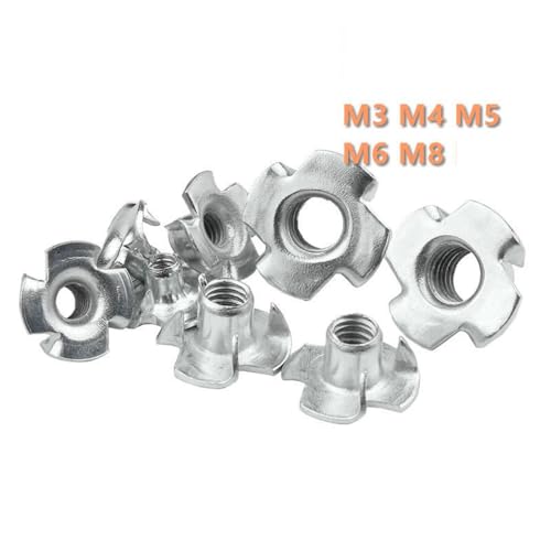 90 PCS T-Nuts 4 Claws Nut Assortment Kit, M3 M4 M5 M6 M8 Zinc Plated Carbon Steel Blind Inserts Nut with Box for Wood, Rock Climbing Holds, Cabinetry