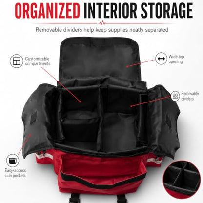 NOVAMEDIC NM-RO63P Professional First Responder Bag, 17” x 9” x 7” Empty EMT Trauma Kit Carrier with Removable Dividers, Reflective Strips, Water-Resistant Base for Emergency Medical Supplies (Red) - color: Red