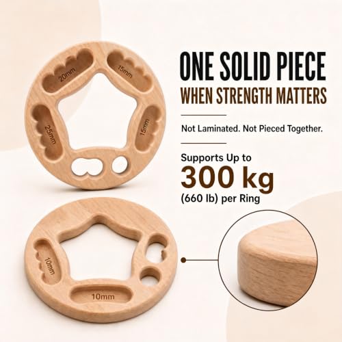 Portable Hangboard for Rock Climbing, 2-Pack Fingerboard Rings | One-piece solid wood rings with 10-25 mm edges, finger pockets, ropes and carabiners for grip and bouldering training