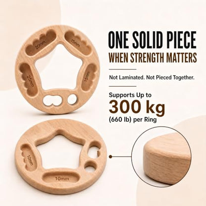 Portable Hangboard for Rock Climbing, 2-Pack Fingerboard Rings | One-piece solid wood rings with 10-25 mm edges, finger pockets, ropes and carabiners for grip and bouldering training