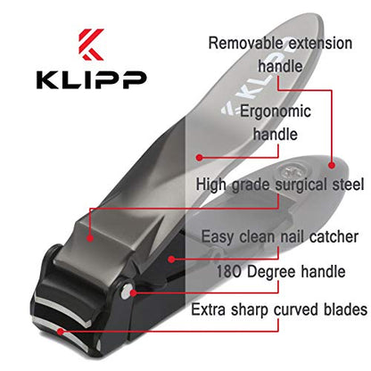 Nail Clippers for Men with Catcher - KLIPP Heavy Duty Razor-Sharp Self-Collecting Nail Cutter, Ergonomic Lever for Fingernails & Toenails, Ideal Gift for Men & Grooming Gifts Includes Ziplock Pouch