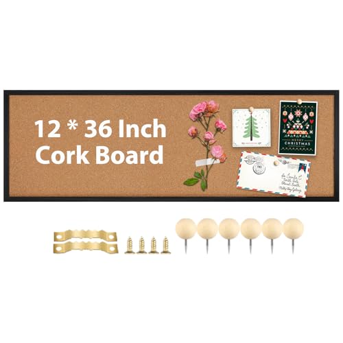 TORASO Cork Board Bulletin Board, Corkboard for Walls with Black Frame, Large Wall Mounted Cork Board with Installation Kit,11.8" x 35.4" Pin Tackboard for Home,Office, School (RMB-BK-3090) - color: Black, size: 11.8"x35.4"
