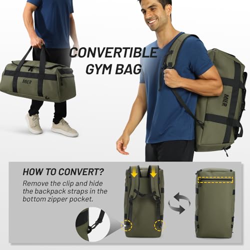 MIER Men's 60L Gym Duffle Bag Large Weekender Travel Duffel Backpack, Green | Spacious Shoe Compartment; Convertible Duffel with Back Pack Straps; Heavy-Duty & Water-Resistant; Traveling Overnight Gear - color: Green