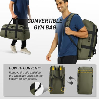 MIER Men's 60L Gym Duffle Bag Large Weekender Travel Duffel Backpack, Green | Spacious Shoe Compartment; Convertible Duffel with Back Pack Straps; Heavy-Duty & Water-Resistant; Traveling Overnight Gear - color: Green