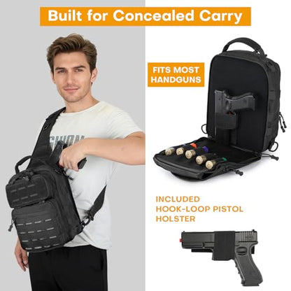 HUNTVP Sling Bag for Men Concealed Carry Bag Tactical Sling Bag Crossbody Molle CCW Chest Pack Backpack EDC Military Shoulder Bag with Holster & Accessory Slots, Black - color: Black