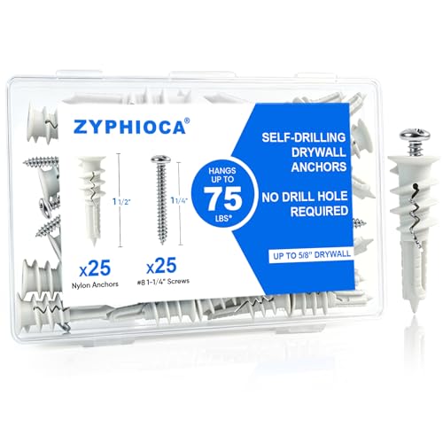 50PCS Self Drilling Drywall Anchors and Screws Kit, No Pre-Drill Required, Plastic Wall Anchors for Drywall with #8 x 1-1/4" Screw, Holds Up to 75 lbs, Sheetrock Anchors for Picture Hanging