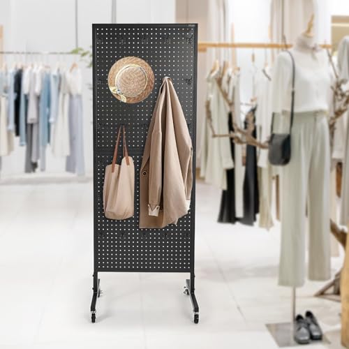 VEVOR Standing Pegboard Display, 23.6 x 63 in Pegboard Display Stand with Swivel Casters and 30 Hooks, Thickened Cold-Rolled Steel Peg Board Panel for Grocery, Retail Store and Jewelry Shop, Black - style: Standard Style