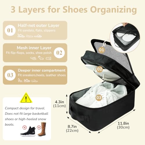 Black Shoe Bag for Travel, 2 Layers Waterproof Shoes Organizer | Holds 3 Pairs,Trolley Strap,Easy Clean Lining,Leak Proof,Dual Zippers - color: ClassicBlack