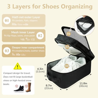 Black Shoe Bag for Travel, 2 Layers Waterproof Shoes Organizer | Holds 3 Pairs,Trolley Strap,Easy Clean Lining,Leak Proof,Dual Zippers - color: ClassicBlack