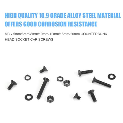 DYWISHKEY 566 Pieces M3 Black Screws, 10.9 Grade Alloy Steel M3x 5/6 /8/10 /12/16 /20mm Countersunk Head Socket Cap Screws Bolts Nuts Washers Assortment Kit - size: M3, style: Countersunk Head Socket Cap