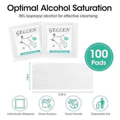 GELLEN Nail Cleanser Pads, 100 Pack Alcohol Prep Pads Individually Wrapped | Nail Cleanser Wipes Remove Tacky Residue, Lint-free Glossy Wipes for Acrylic/Builder/Gel Polish Travel for Perfect Manicure - size: 100PCS