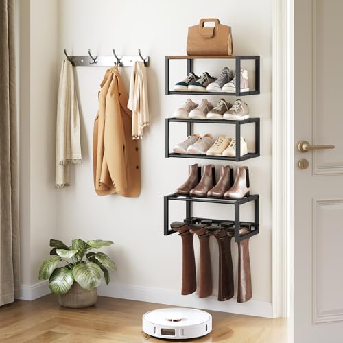 YATINEY Wall Mounted Shoe Rack, Shoe Organizer for Wall, 3 Pack Floating Shoe Shelf, Hanging Metal Shoe Storage, Holds 6-12 Pairs, 6-Tier Space Saving for Entryway, Rustic Brown and Black SS01BR