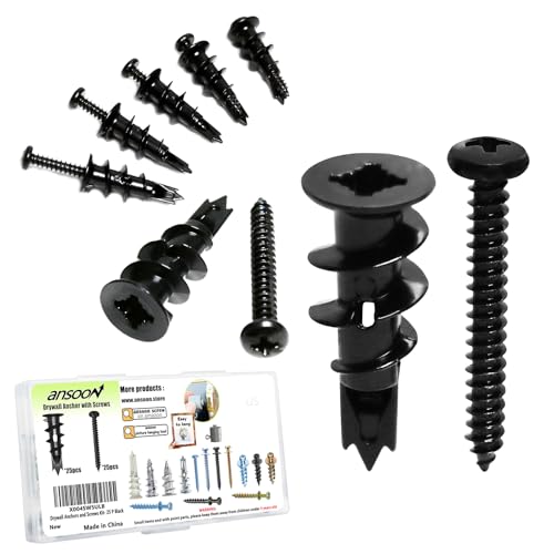 50Pc #8 Black Self Drilling Metal Drywall Anchors Heavy Duty and Screws kit | 25 Heavy Duty Hollow Sheetrock Anchors + 25 #8 1-1/4'' Screw, No Pre Drill Hole Required - Hold 75lbs for Hanging or Mounting