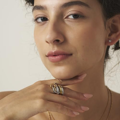 Shapes Studio Trio Linked Ring, stackable Ring, Minimalism style for women, Never Tarnish - size: 10, style: Five Band ( Three Silver, One Gold, One Rose Gold)