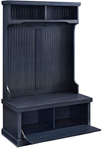 Crosley Furniture Seaside Hall Tree with Shoe Rack Bench and Coat Hooks for Hanging Storage, Distressed Navy - color: Distressed Navy, style: Hall Tree