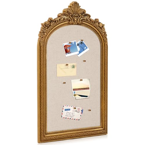 Wonderjune Vintage Framed PinBoard Linen Display Bulletin Board Large Cork Fabric Picture Photo Memo Pinboard Fancy Ornate Decorative Vision Board for Wall(Arch,20'' X 30'',French Gold) - color: French Gold, size: 30.7" x 18.9", style: Arch