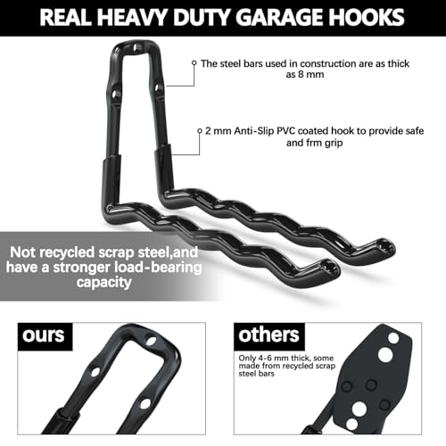 3-H Super Heavy Duty Garage Wall Hooks 18 Pack, One-Piece Construction Garage Wall Hooks, Garage Hanger & Organizer Wall Mount for Ladders, Bikes, Chairs, WeedEaters, Shovels, Garden Tools (Black) | Upgraded Patented One-Piece Stamped Garage Storage Hooks