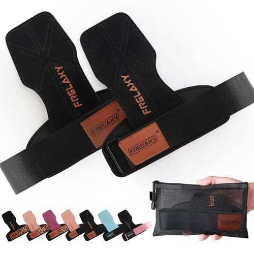 Frelaxy Lifting Wrist Straps for Women and Men, Weight Lifting Grips | Double-layer leather, Cushioned wrist support, Durable construction, Storage pouch, Deadlifts, rows, lat pulldowns - color: All Black