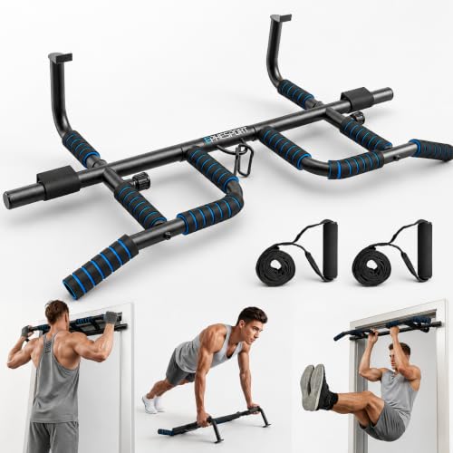 EPHESPORT 2026 Multifunctional Pull Up Bar for Doorway – US Patented Design, Foldable, No Drilling or Slipping, Multi-Grip Bar with Resistance Band Hooks, Commercial Alloy Steel, Large PVC Pads, 440 lbs Capacity