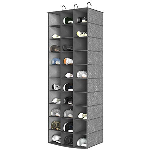 30 Section Hanging Shoe Organizer for Closet, Grey | Hanging Closet Organizer and Storage for Wardrobe, Dorm, Bedroom, Space Saving Foldable Clothes Shelf with Sturdy Hooks - color: Grey