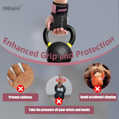 Frelaxy Lifting Wrist Straps for Women and Men, Weight Lifting Grips | Double-layer leather, Cushioned wrist support, Durable construction, Storage pouch, Deadlifts, rows, lat pulldowns - color: Flamingo