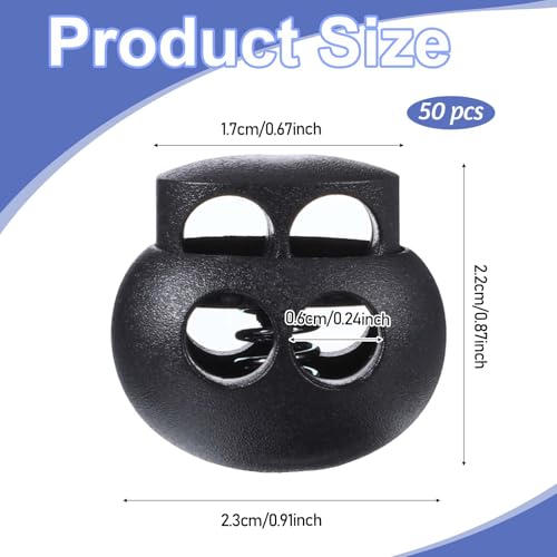 Jeffdad 50pcs Black Spring Cord Locks for Drawstrings, Plastic Cord Lock Double Hole Round Ball Drawstring Cords Lock for Drawstring Shoelaces Clothing Bags