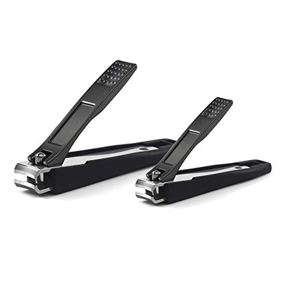 FERYES Nail Clippers with Catcher 2 PCS Set, No Splash Fingernail Clipper and Toenail Clipper, Stainless Steel Nail Cutters - W/Black Metal Case Packing - color: Black 2pcs