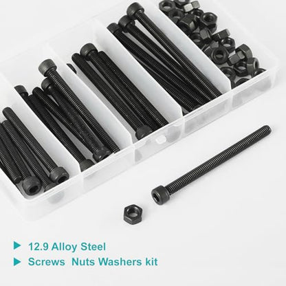 50PCS M5 x 50mm 60mm 70mm 80mm, Hex Socket Head Cap Screws Bolts Nuts Kit, 12.9 Grade Alloy Steel, Black Oxide Finish, Metric Allen Drive, Fully Threaded - size: Socket M5x50/60/70/80mm