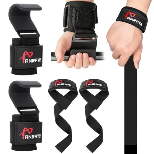 Weight Lifting Hooks & Straps Set, Lifting Hooks with Anti-Slip Grip | Adjustable Wrist Wraps for Weightlifting, Deadlifts, Powerlifting, Gym Straps for Men and Women, Black-Red
