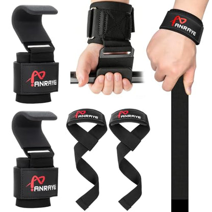 Weight Lifting Hooks & Straps Set, Lifting Hooks with Anti-Slip Grip | Adjustable Wrist Wraps for Weightlifting, Deadlifts, Powerlifting, Gym Straps for Men and Women, Black-Red