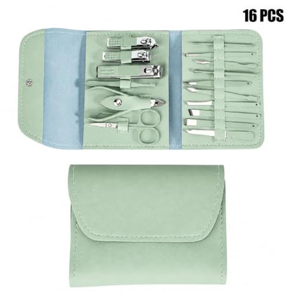 16 Piece Stainless Steel Manicure & Pedicure Set, Professional Nail Clippers Kit with Ear Spoon, Cuticle Tools, Scissors, Files, Folding Bag - Complete Home Nail Care Grooming Kit