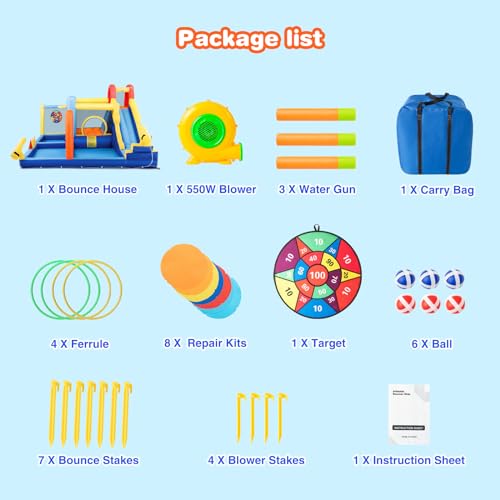 JOYLDIAS Inflatable Water Slide,Water Park Bounce House,Slide Bouncer Castle Playhouse w/Splash Pool, Climbing Wall, Trampoline，Felt Ball Target, Ring Toss Game for Kids Outdoor Fun, 550W Air Blower - color: Multicolor