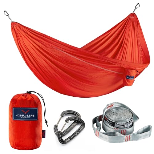 CHULIM Double Camping Hammock with 9ft Straps & Aluminum Carabiner - Lightweight Portable Hammock for Outdoor Travel Beach - color: Orange, size: 70D Nylon