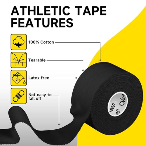 CKeep Athletic Tape, Original Cotton Waterproof Sports Tape 4 Packs, Black | Very Sturdy No Glue Residue Wrist Ankle Tape for Climbing, Boxing, Athletes, Baseball Bats, Strains, Sprains, Injuries - size: 4 Rolls