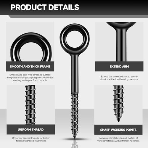 7 inch Eye Bolts - 4 Pcs Eyes Hooks Screw Heavy Duty 900 lbs Breaking Strength Black Rust-Resistant, Self Tapping Eyelet Screw for Wood Securing, Hammock Stand, Indoor & Outdoor Use - size: 7" 4Pcs