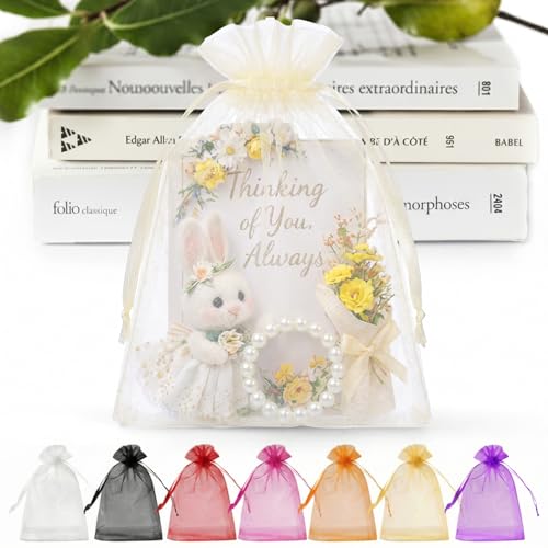 ANZNKU 50 PCS Organza Bags 5 x 7, Ivory Small Mesh Gift Bags Drawstring | Sheer Goodie Sachet Pouches for Wedding Party Favors Baby Bridal Shower & Halloween, Use for Candy Jewelry Soap Treats Makeup - color: Ivory