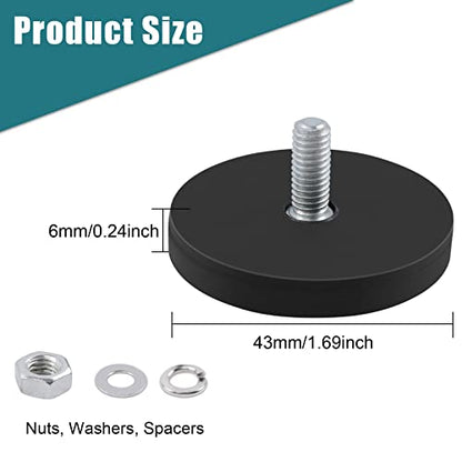4Pcs Rubber Coated Magnets, 30LBS Bolt on Magnets with M6 Threaded Studs and Nuts, Strong Flag Neodymium Magnet Mount Base with Rubber Coating Non-Slip, Anti-Scratch for Light Bar and Add Mirrors - size: 1.6x0.23in M6-4pack