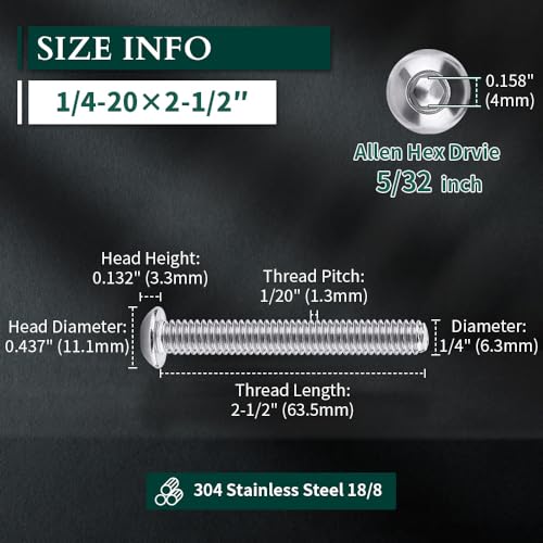1/4-20 x 2-1/2" Button Head Socket Cap Bolts Screws, 304 Stainless Steel 18-8, Allen Hex Drive, Bright Finish, Fully Machine Thread, Pack of 50 - size: 1/4-20 x 2-1/2