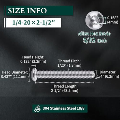 1/4-20 x 2-1/2" Button Head Socket Cap Bolts Screws, 304 Stainless Steel 18-8, Allen Hex Drive, Bright Finish, Fully Machine Thread, Pack of 50 - size: 1/4-20 x 2-1/2