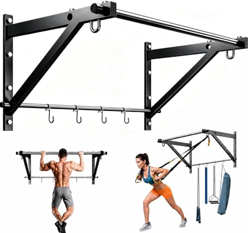 ZHNSDYN Wall Mounted Pull Up Bar with 500LBS Capacity for Gym Home | Adjustable Depth, 4 Hooks, Heavy Duty, Strength Training, Easy Install, Chin Up Bar for Doorway